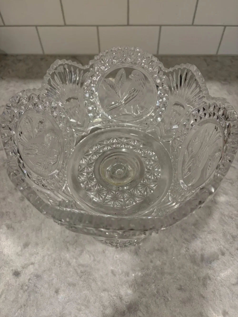 HOFBAUER Byrdes German Crystal Compote Bowl Etched Birds